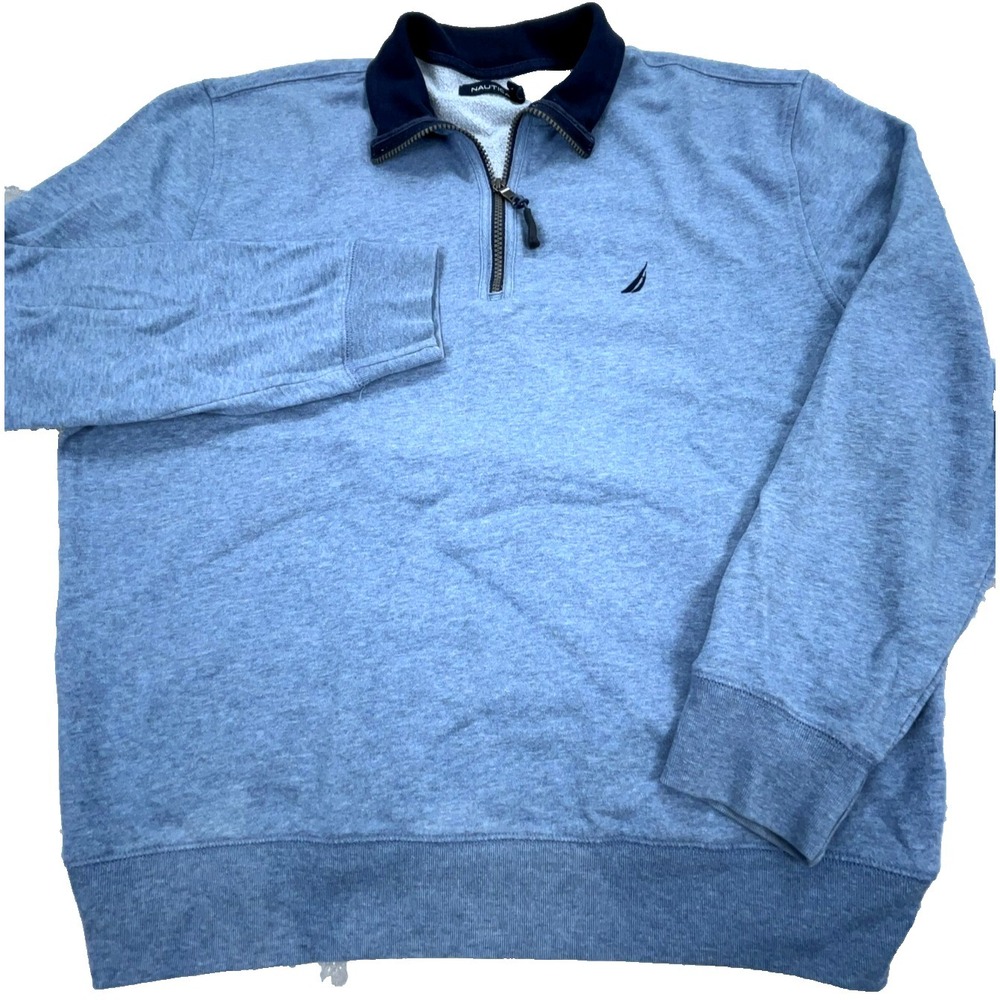 Nautica Sweater Men Large Blue Pullover‎ Quarter Zip Mock Neck Collared Nautical